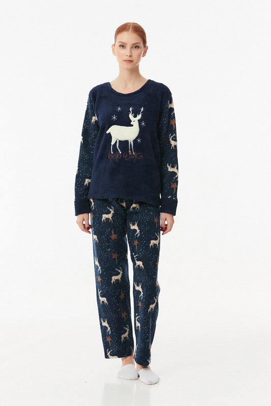 Embroidered Crew Neck Fleece Pajama Set