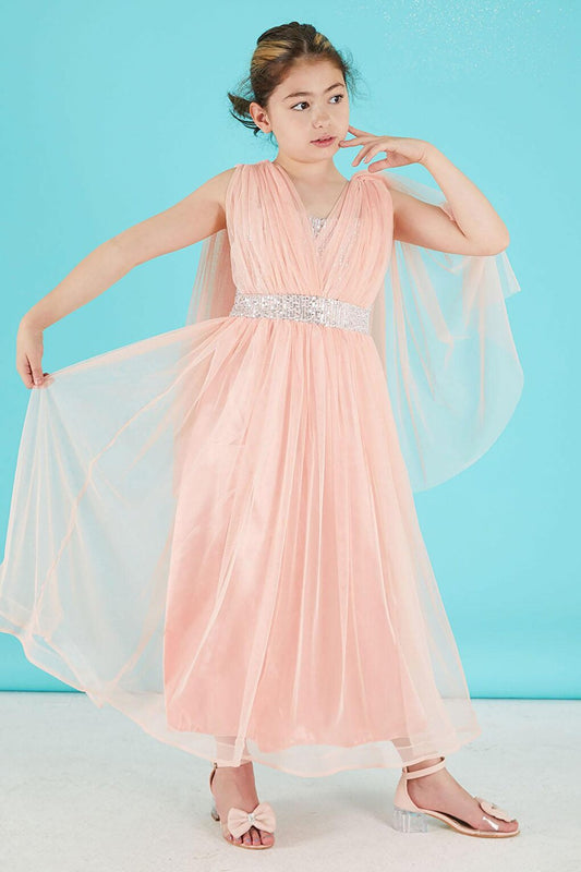 Pink Cape Tulle Girl's Evening Dress 15679