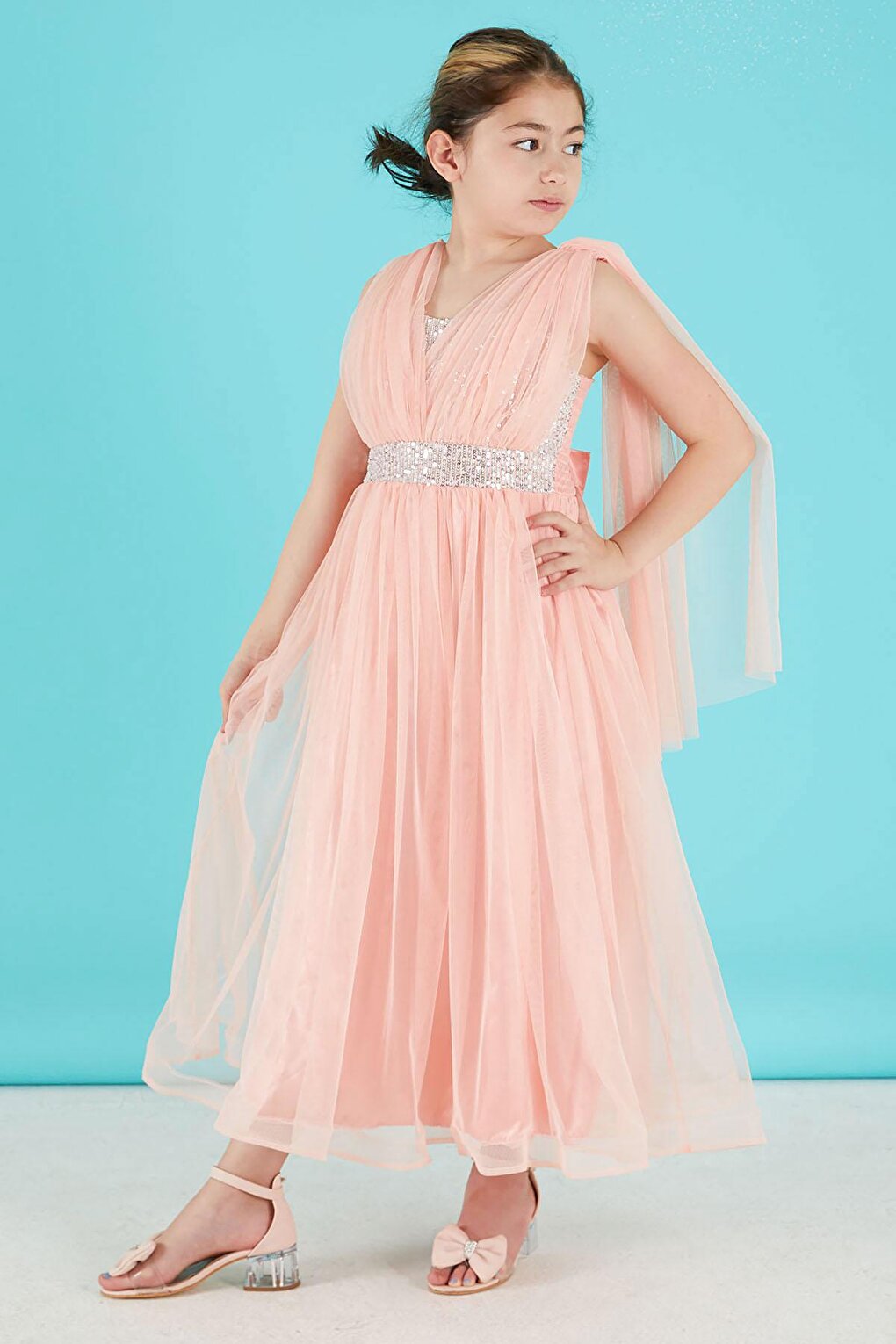 Pink Cape Tulle Girl's Evening Dress 15679