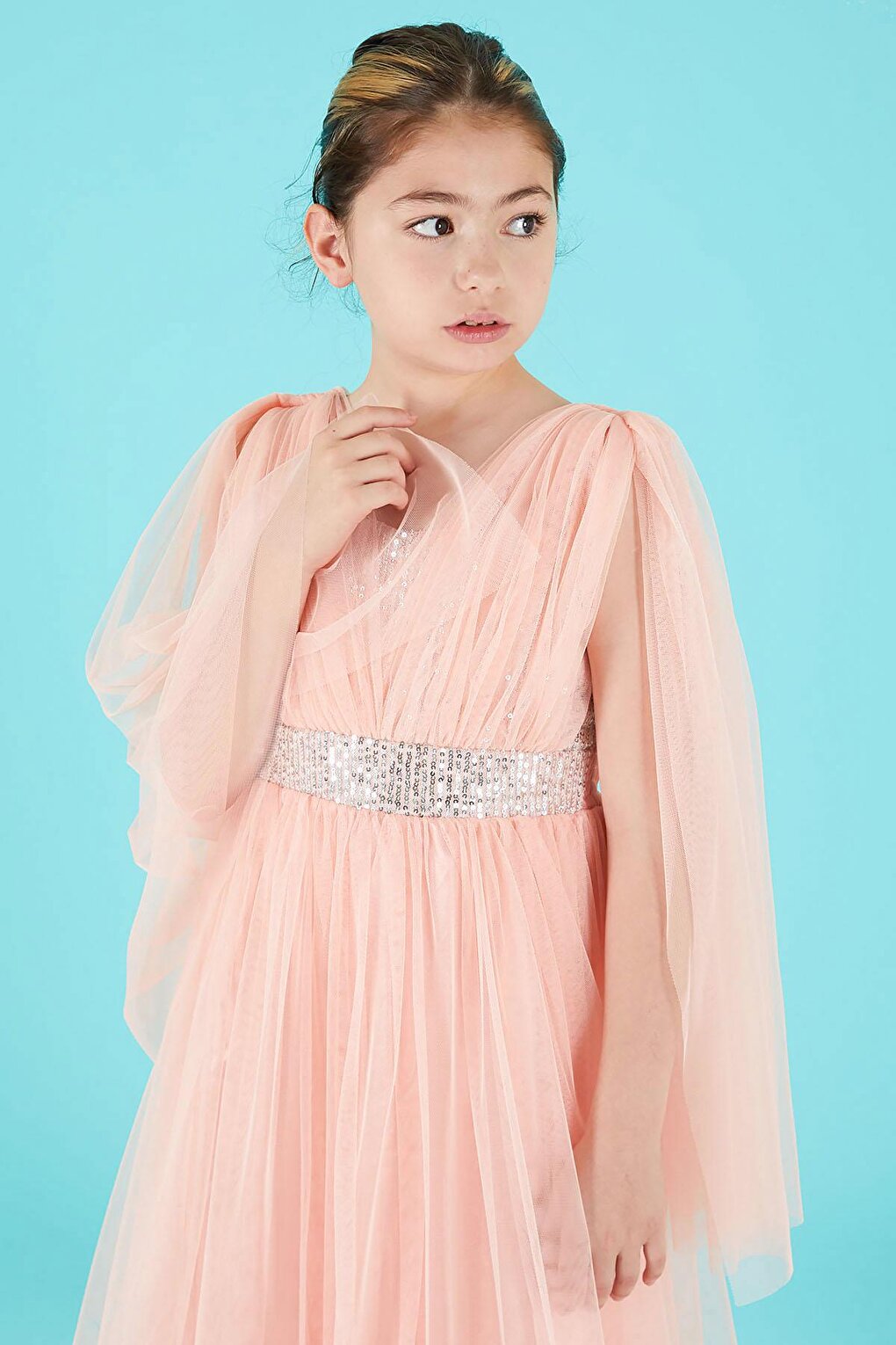 Pink Cape Tulle Girl's Evening Dress 15679