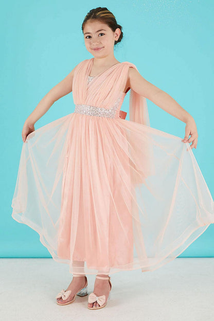 Pink Cape Tulle Girl's Evening Dress 15679