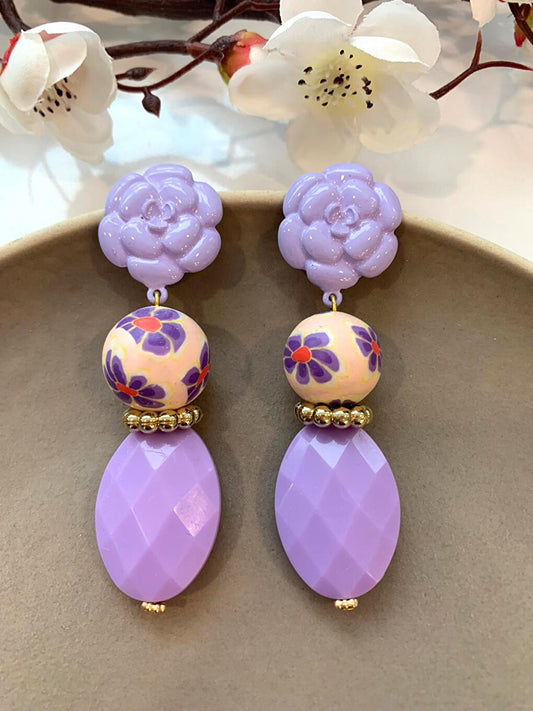 Lilac Beaded Floral Design Earrings