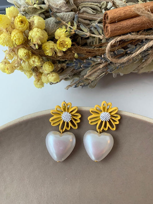 Yellow Daisy Earrings with Pearl Heart