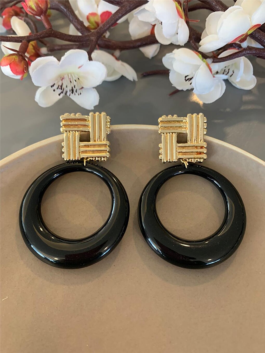 Black Big Circle Beaded Design Earrings