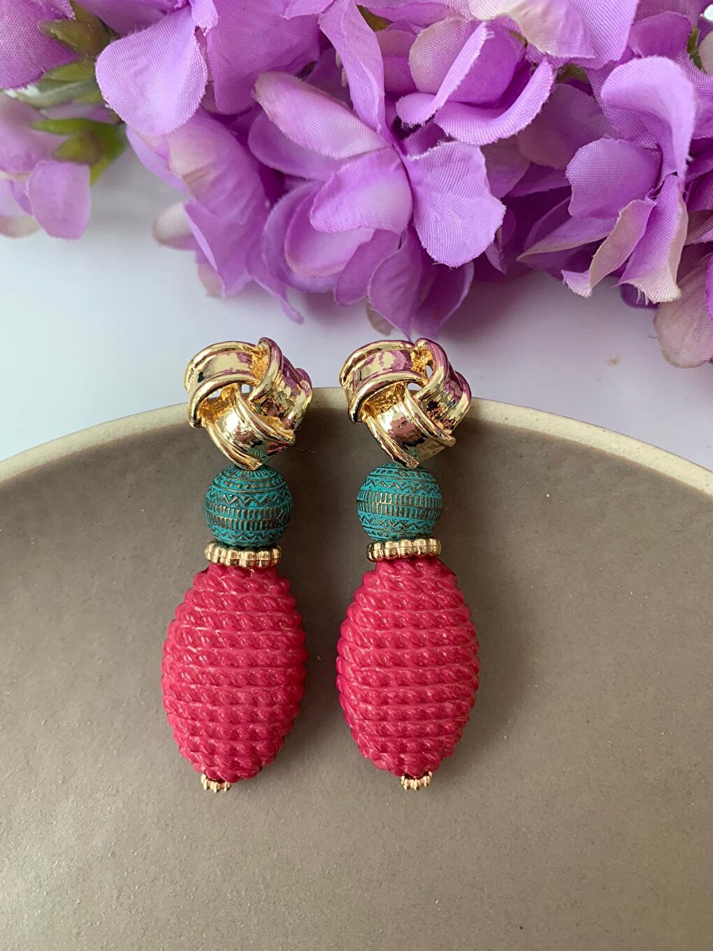 Fuchsia Green Beaded Ethnic Design Earrings