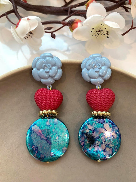 Blue Fuchsia Beaded Floral Design Earrings