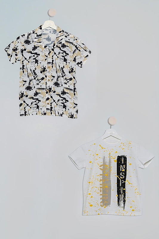 2-Piece Black Coffee Printed Shirt and T-Shirt Set