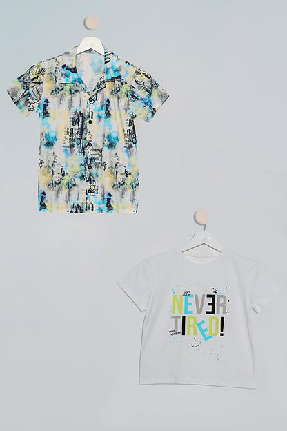 Set of 2 Yellow Blue Printed Shirt and Tshirt