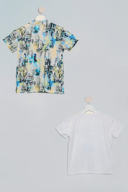 Set of 2 Yellow Blue Printed Shirt and Tshirt