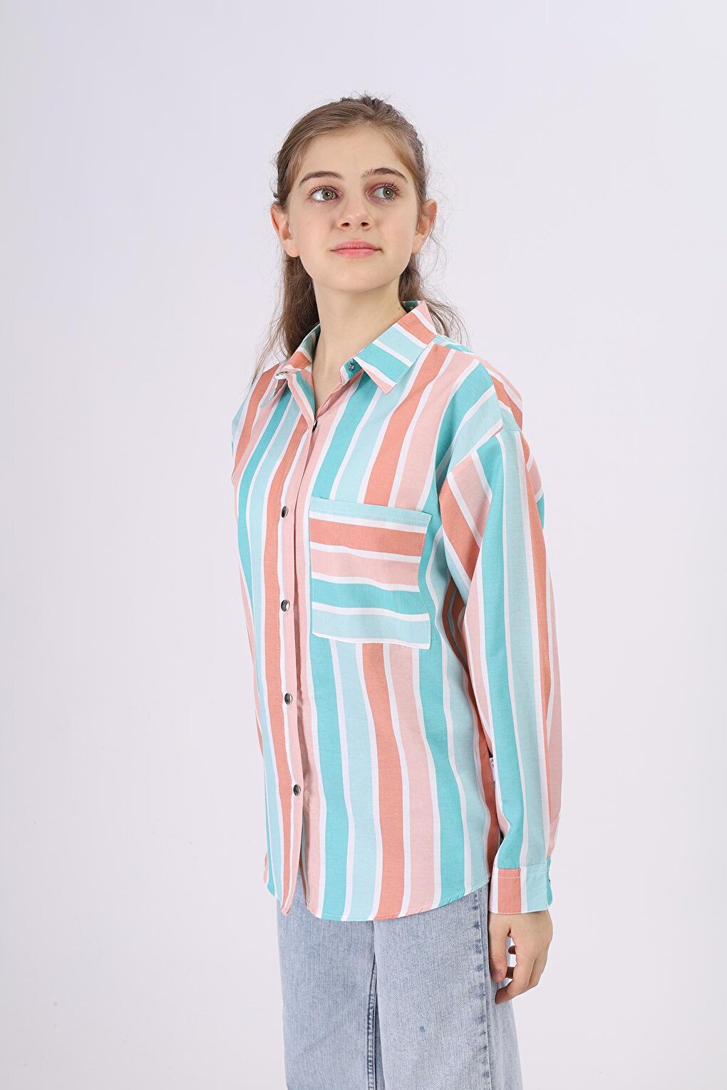 Girl's Stripe Patterned Plaid Shirt 9-14 Years Lx180-2