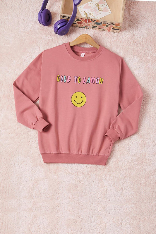 Dried Rose Smiling Face Back Printed Girl's Sweatshirt 16703