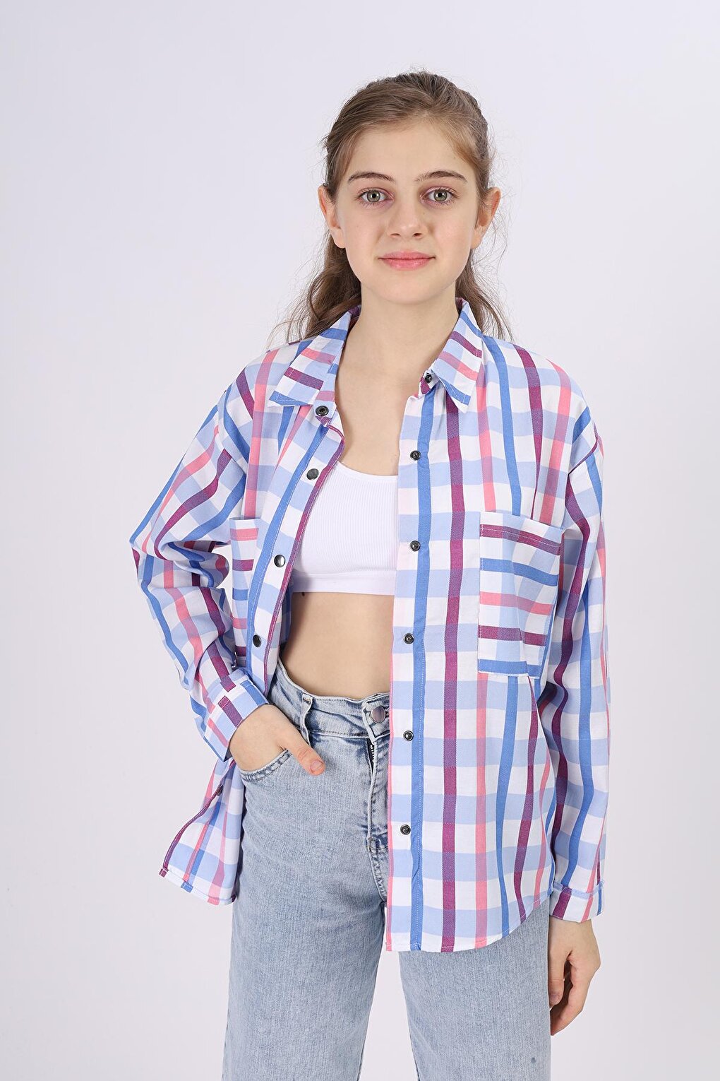 Girl's Square Patterned Plaid Shirt 9-14 Years Lx177-2