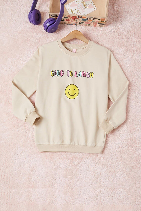 Cream Smiley Face Back Printed Girl's Sweatshirt 16705