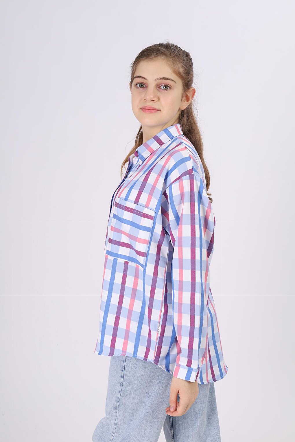 Girl's Square Patterned Plaid Shirt 9-14 Years Lx177-2