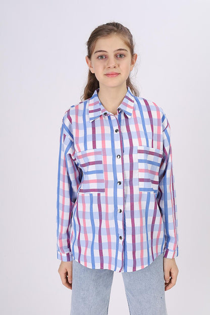 Girl's Square Patterned Plaid Shirt 9-14 Years Lx177-2