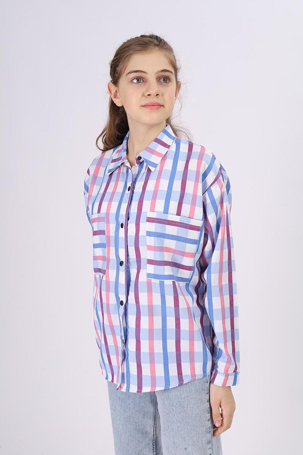 Girl's Square Patterned Plaid Shirt 9-14 Years Lx177-2