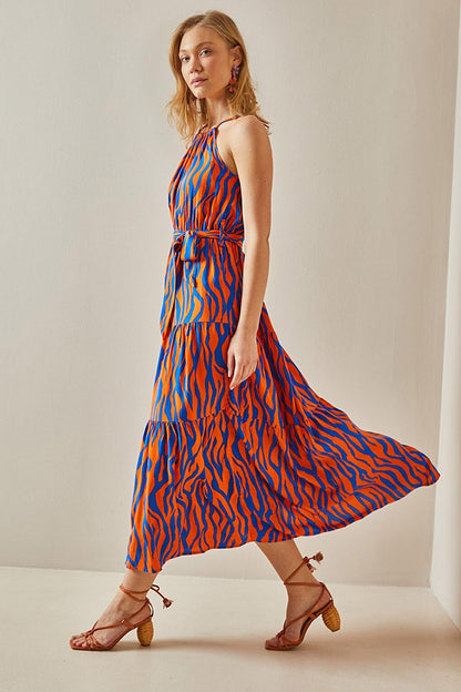 Orange Halter Neck Patterned Maxi Dress 5YXK6-47989-11