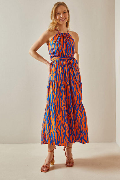 Orange Halter Neck Patterned Maxi Dress 5YXK6-47989-11