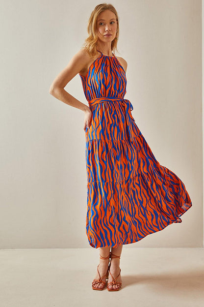 Orange Halter Neck Patterned Maxi Dress 5YXK6-47989-11