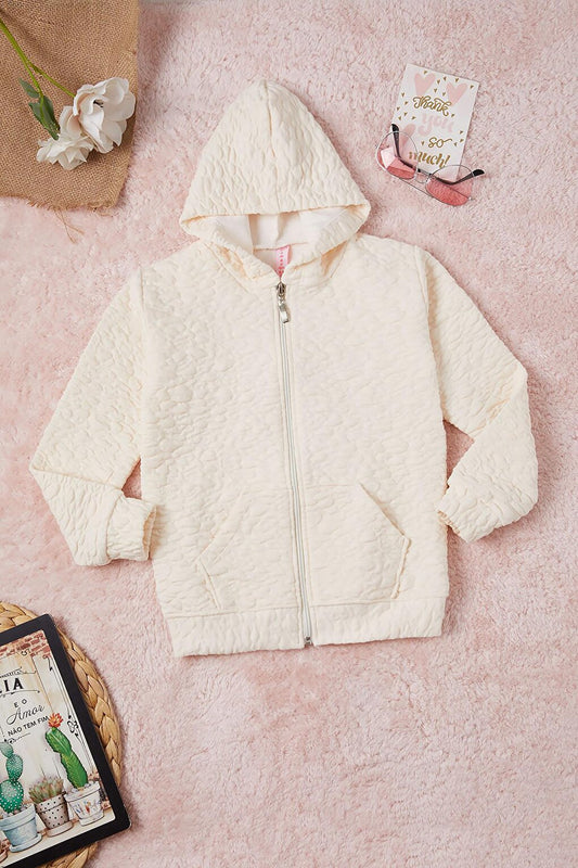 Beige Girl's Quilted Patterned Hooded Zipper Cardigan 16604