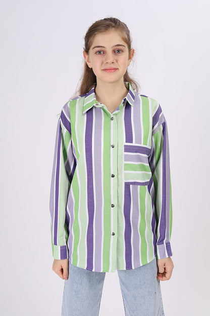 Girl's Stripe Patterned Plaid Shirt 9-14 Years Lx180-2