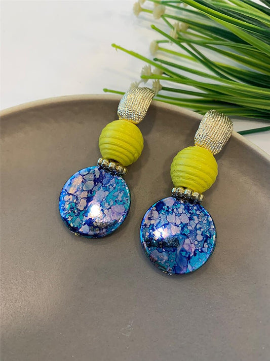 Blue Yellow Beaded Long Design Earrings