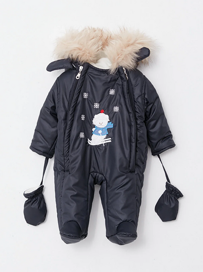 Hooded Long Sleeve Printed Baby Boy Astronaut Coat and Gloves