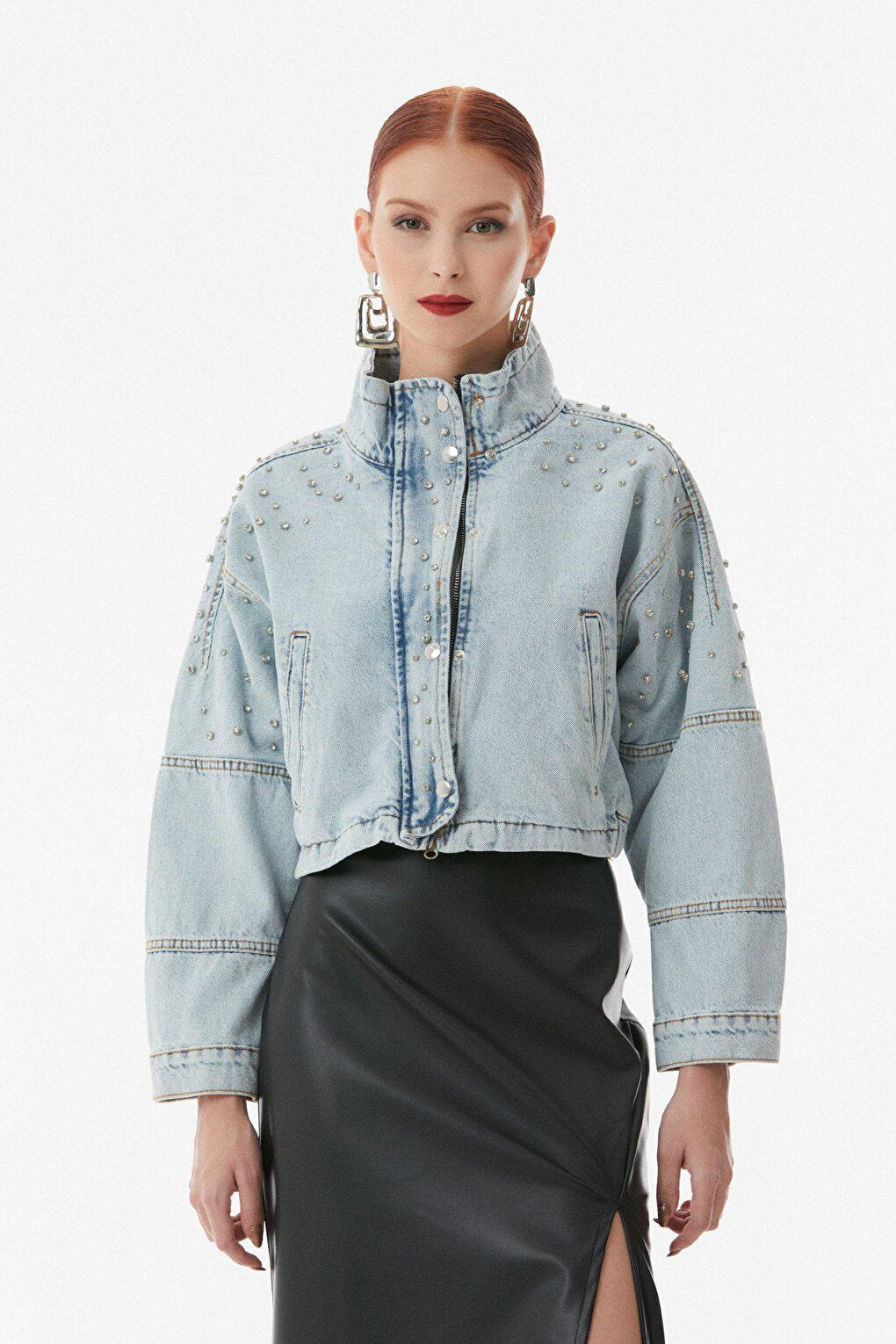 Stone Detailed High Collar Jean Jacket