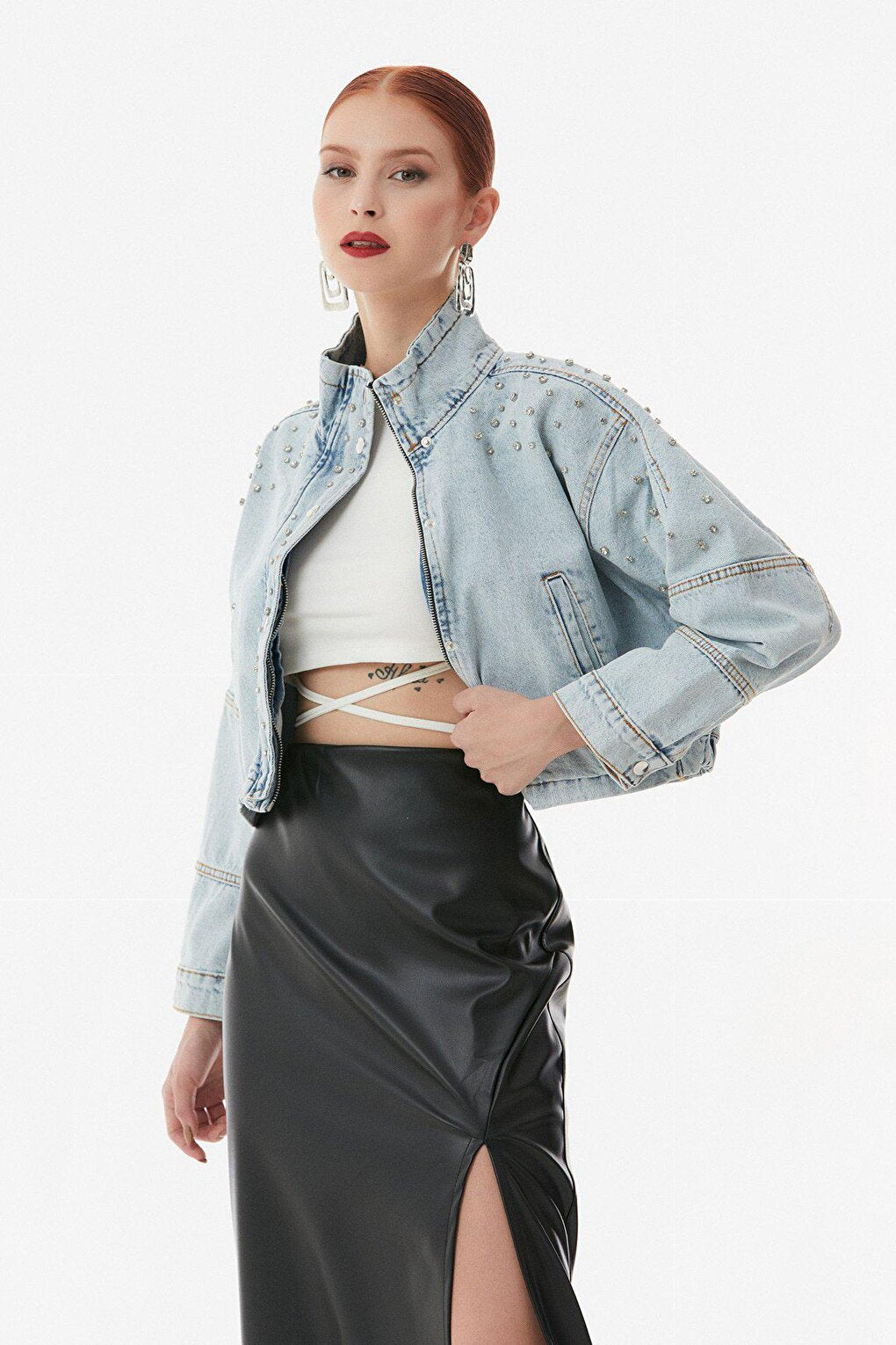 Stone Detailed High Collar Jean Jacket