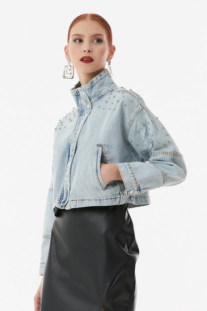 Stone Detailed High Collar Jean Jacket