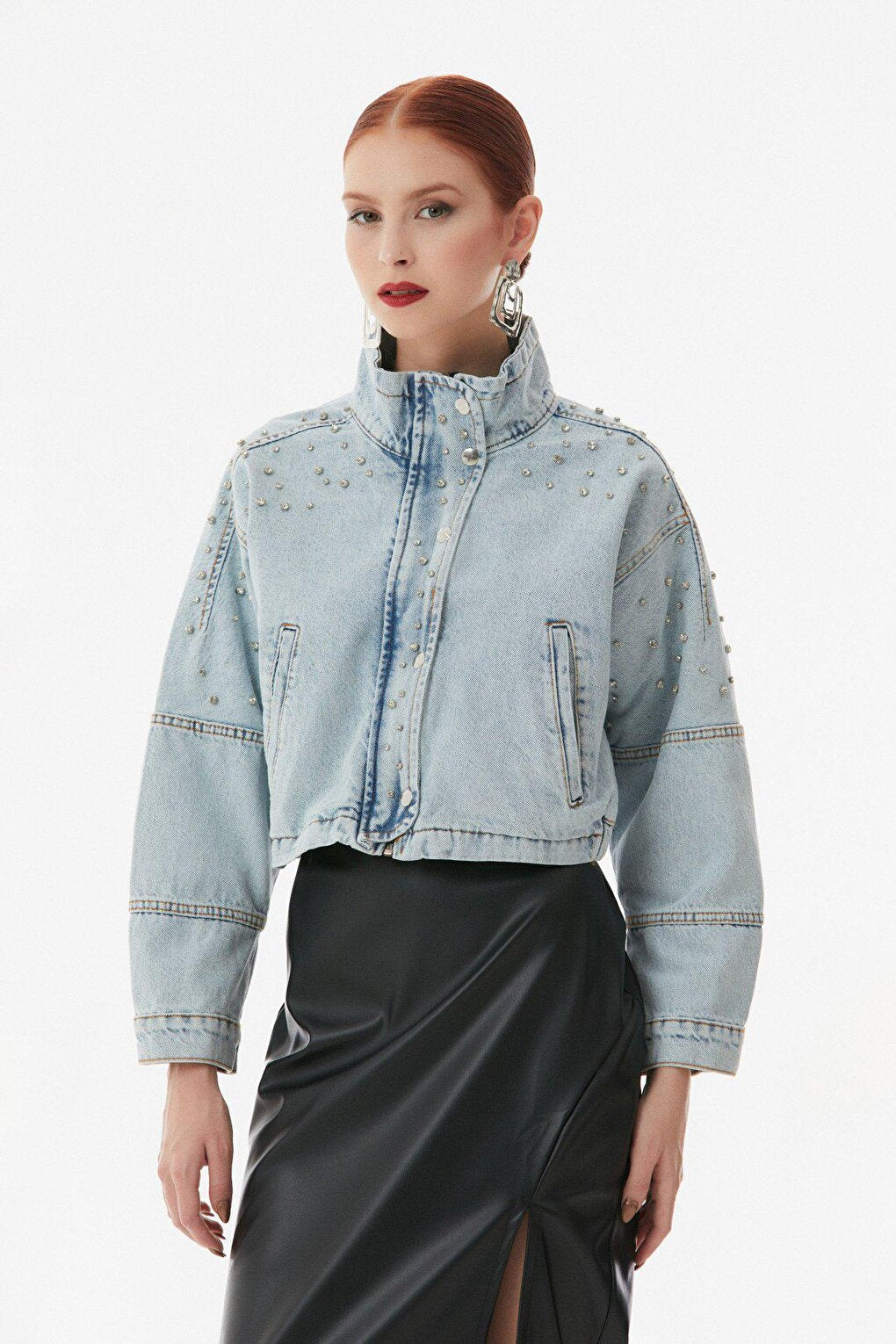 Stone Detailed High Collar Jean Jacket