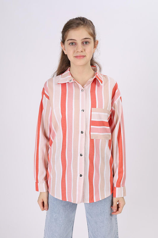 Girl's Stripe Patterned Plaid Shirt 9-14 Years Lx180-2