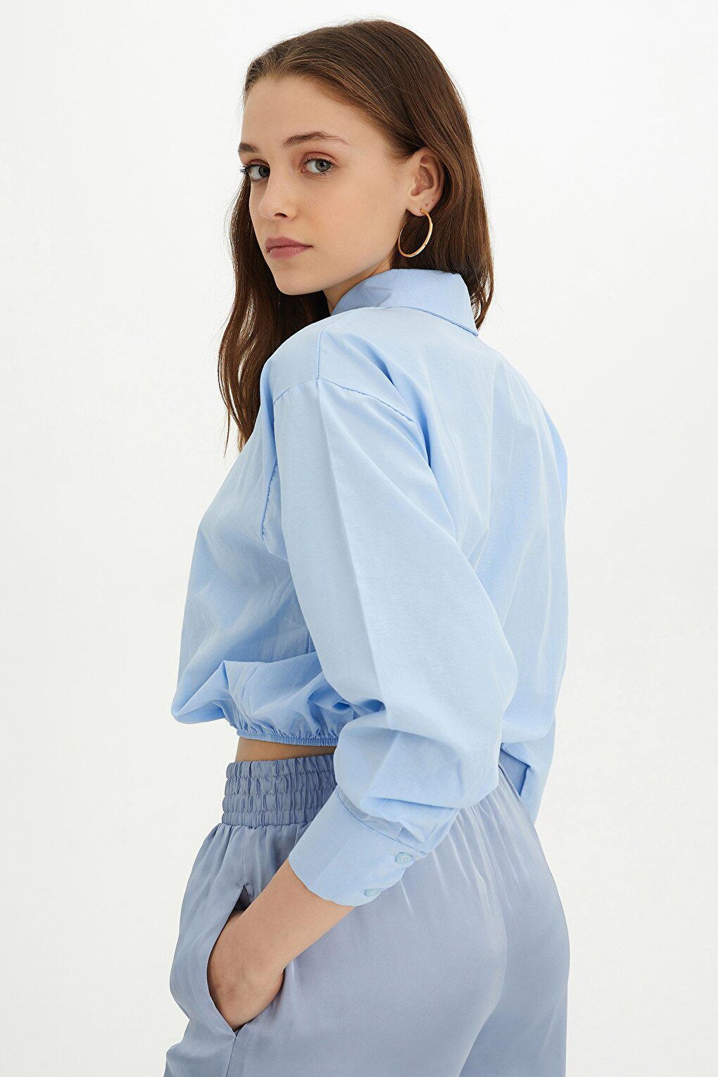 Light Blue Lace Detailed Elastic Short Shirt SWG4169AM