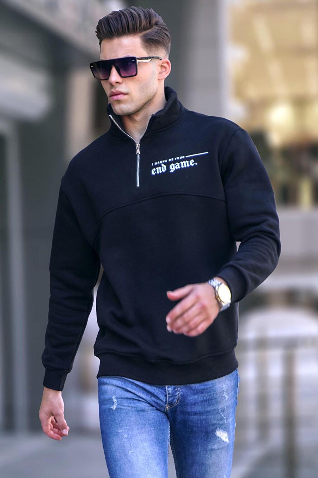 Black Printed Zippered Sweatshirt 6001