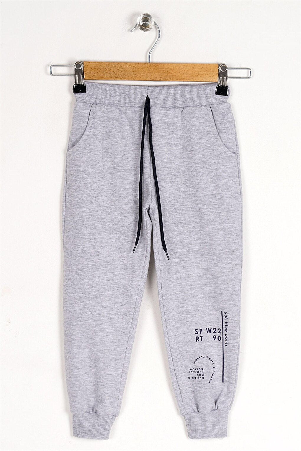 Boy's Gray Colored Looking Forward And Creating Printed Sweatpants