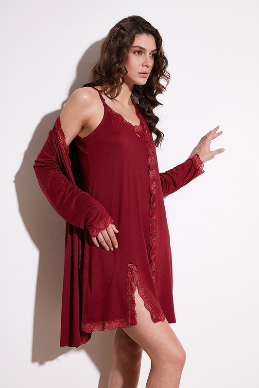 Lace Detailed Slit Dressing Gown Nightgown 6097580