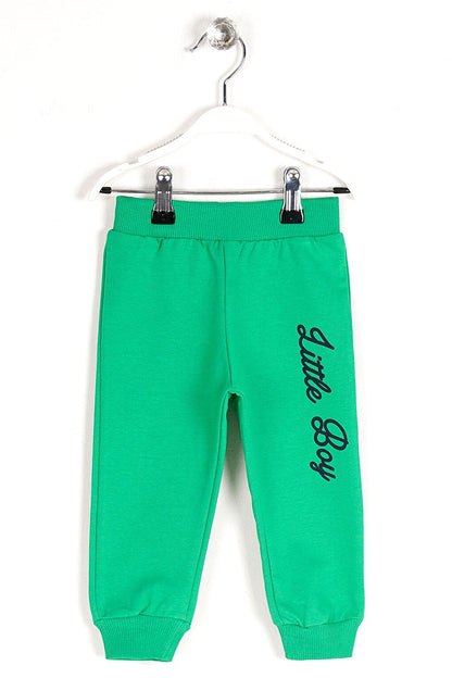 Boy's Dark Green Colored Little Boy Printed Sweatpants with Elastic Legs