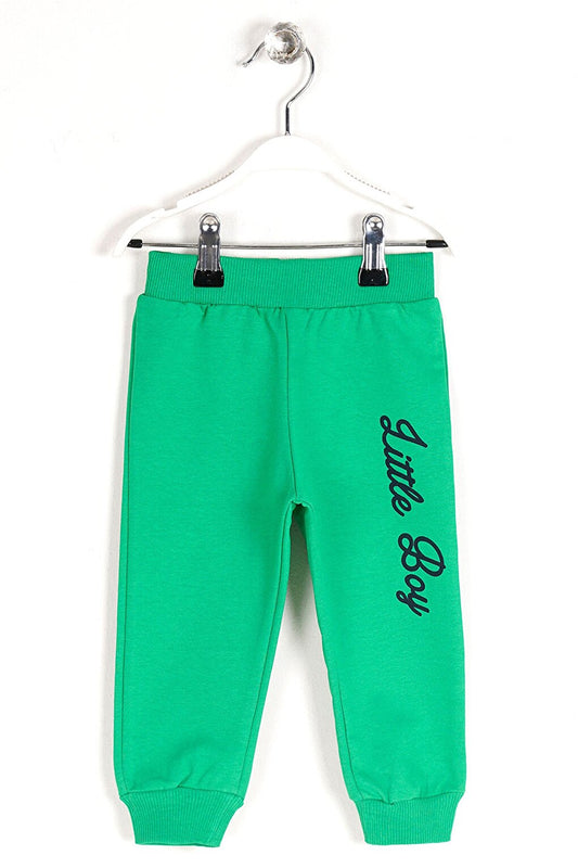 Boy's Dark Green Colored Little Boy Printed Sweatpants with Elastic Legs