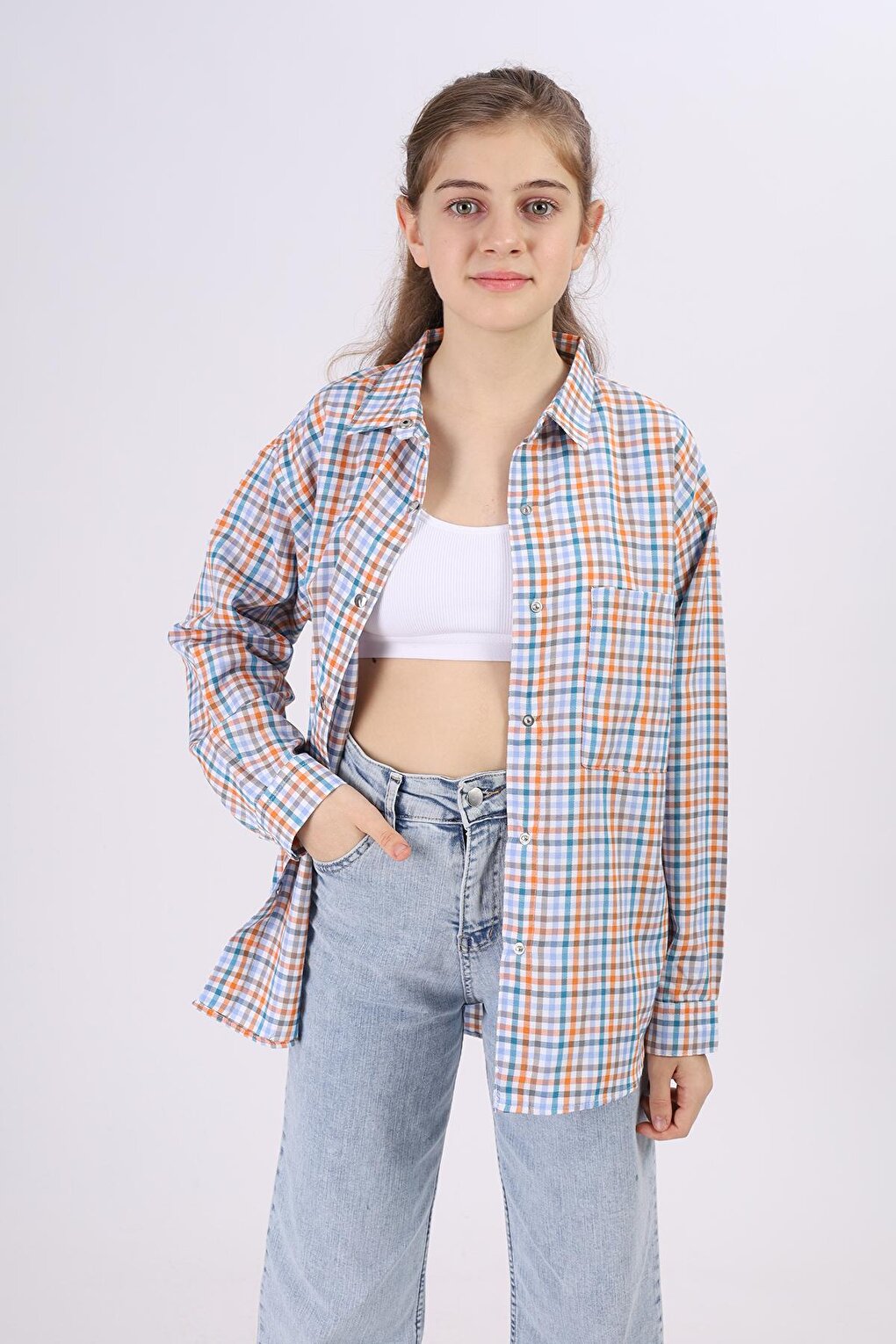 Girl's Piti Square Patterned Plaid Shirt 9-14 Years Lx180-1