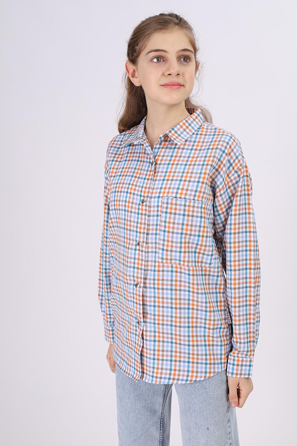 Girl's Piti Square Patterned Plaid Shirt 9-14 Years Lx180-1