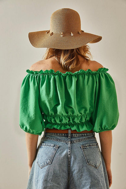 Green Boat Neck Gathered Blouse 5YXK2-47964-08