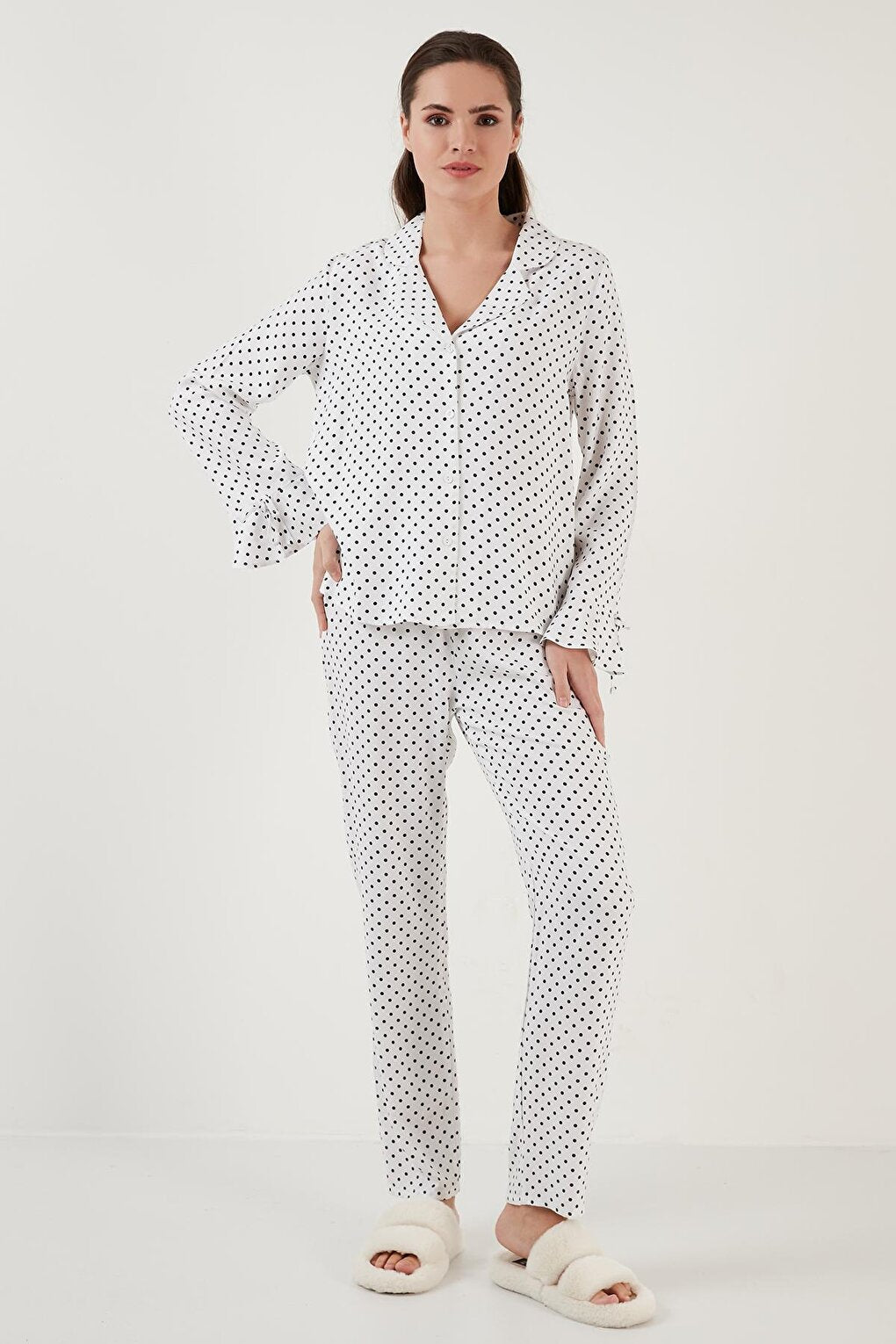 Polka Dot Comfortable Cut Shirt Collar Wide Leg Pajama Set 6110310