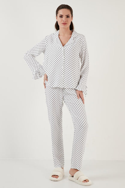 Polka Dot Comfortable Cut Shirt Collar Wide Leg Pajama Set 6110310