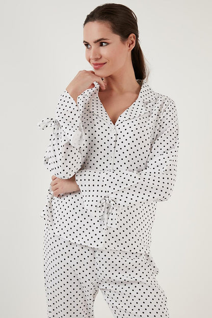 Polka Dot Comfortable Cut Shirt Collar Wide Leg Pajama Set 6110310