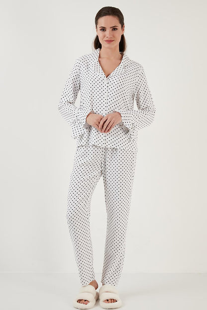 Polka Dot Comfortable Cut Shirt Collar Wide Leg Pajama Set 6110310