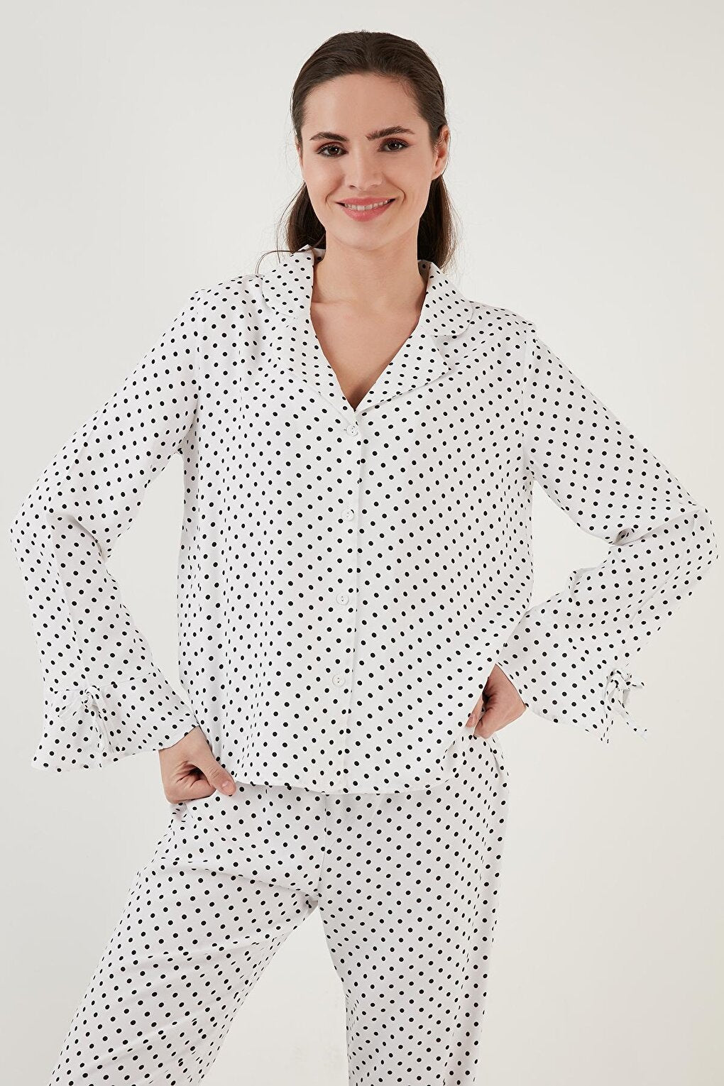 Polka Dot Comfortable Cut Shirt Collar Wide Leg Pajama Set 6110310