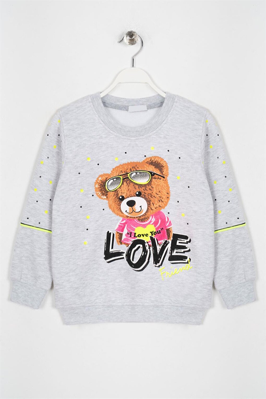 Girl's Gray Colored Bear Love Printed Sweatshirt