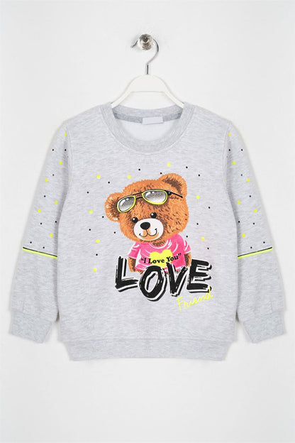 Girl's Gray Colored Bear Love Printed Sweatshirt