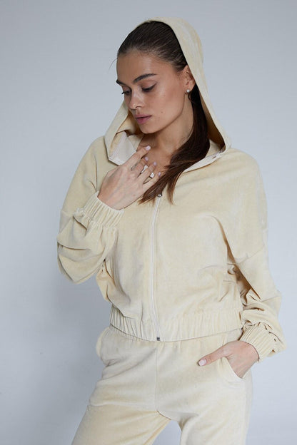 Beige Women's Zippered Velvet Cardigan - Vela