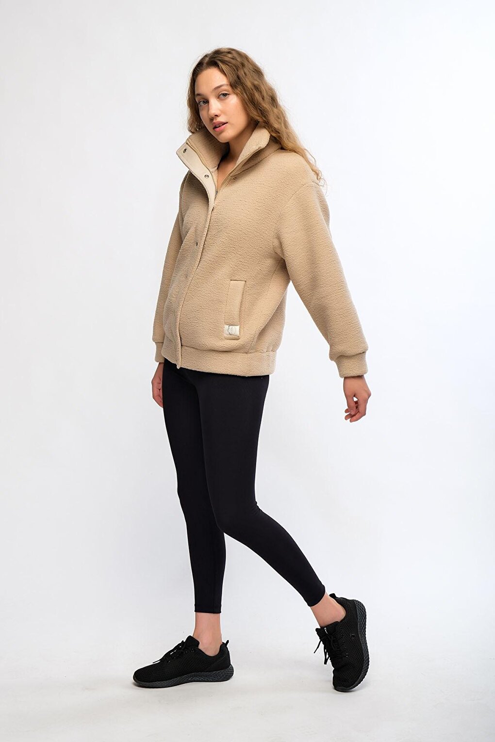 Beige Women's Zippered Plush Cardigan - Nore